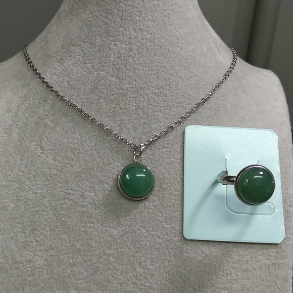 Aventurine Necklace & Ring Set Natural Gemstone Adjustable Stainless-Steel Ring - Picture 3 of 11